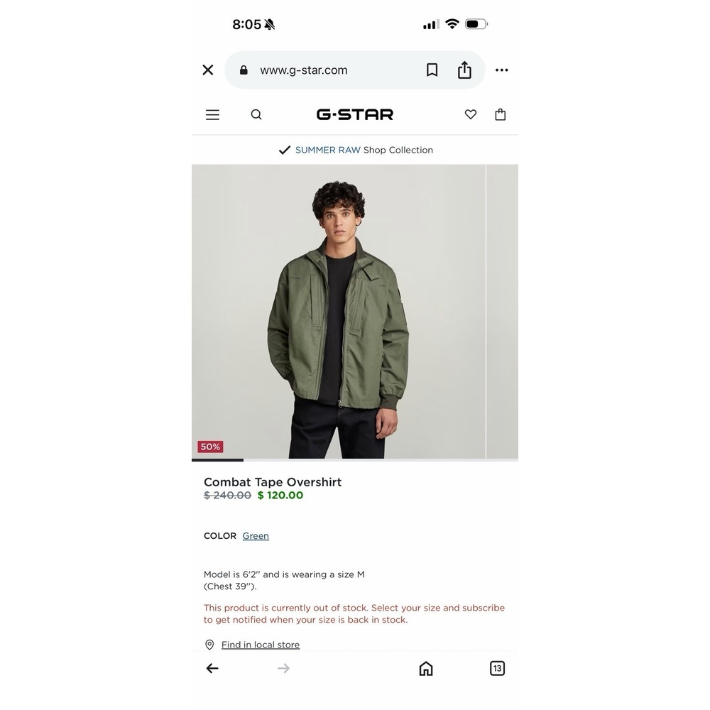 G-Star Raw Combat Tape Overshirt Jacket Men's Large Military Green Zip Button